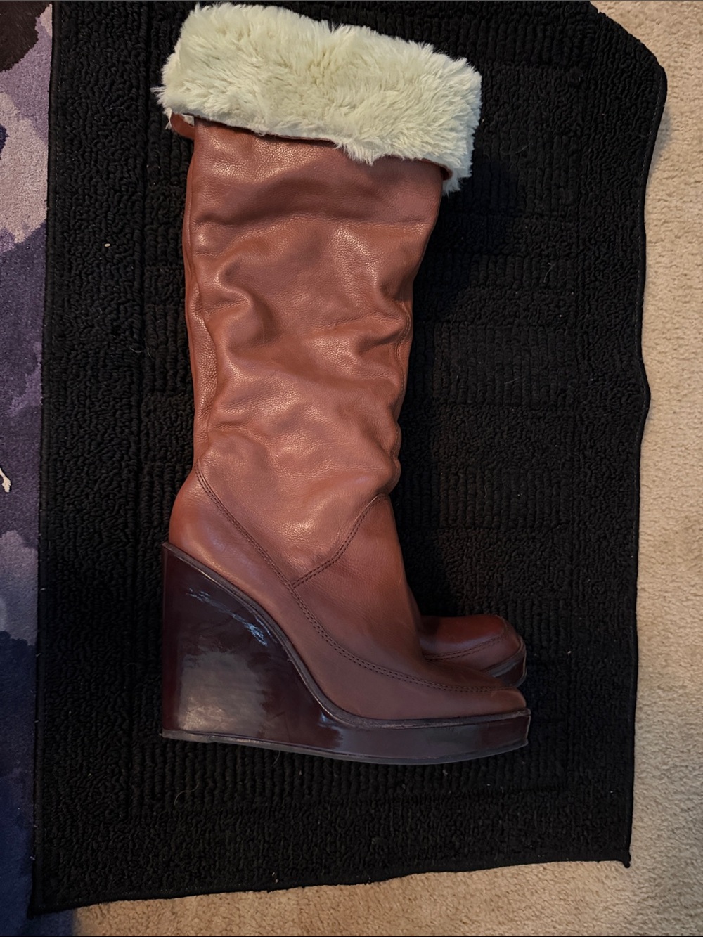 KORS Michael Kors Brown Leather Wedge Knee-High Boots with Cream Faux Fur Cuff